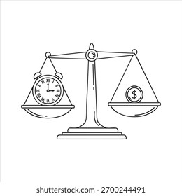  Escala de balance de contorno con reloj y moneda que representan el valor de tiempo