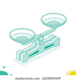 Outline balance scales. Isometric icon. Vector illustration. Vintage laboratory weighing equipment. Green colors.