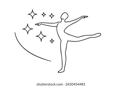 Outline ballet dancer with raised leg arms surrounded by star shapes on pose figure