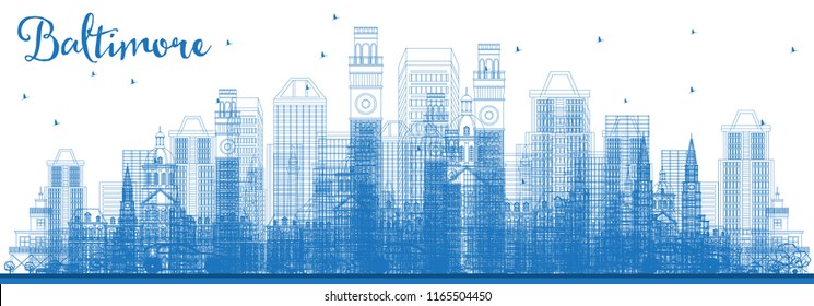 Outline Baltimore Maryland City Skyline with Blue Buildings. Vector Illustration. Business Travel and Tourism Concept with Modern Architecture. Baltimore Cityscape with Landmarks.