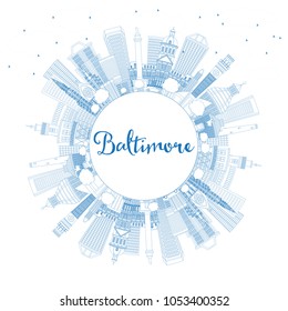 Outline Baltimore Maryland USA City Skyline with Blue Buildings and Copy Space. Vector Illustration. Business Travel and Tourism Concept with Modern Architecture. Baltimore Cityscape with Landmarks.