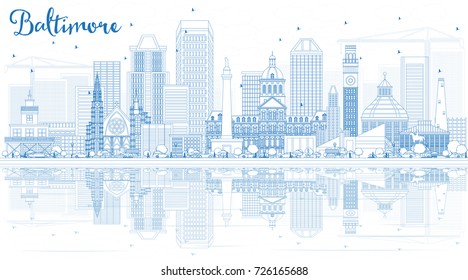 Outline Baltimore Skyline with Blue Buildings and Reflections. Vector Illustration. Business Travel and Tourism Concept with Modern Architecture.