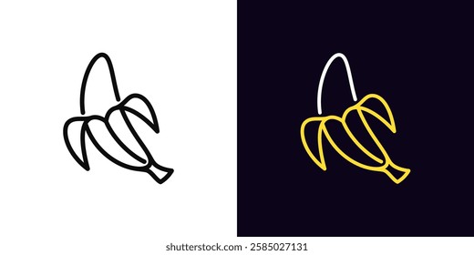 Outline banana icon, with editable stroke. Banana fruit with opened peel, outline silhouette. Ripe tropical fruit, banana garden, organic food, fruit diet, summer vitamins, health food. Vector icon