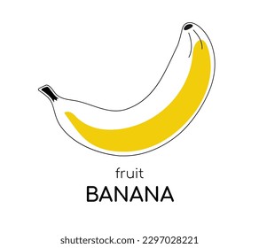 Outline Banana with a yellow spot of color. An exotic or tropical palm fruit. Banana word card. Isolated fruit. Poster or postcard. Vector illustration