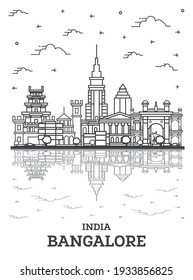 Outline Bangalore India City Skyline with Historic Buildings and Reflections Isolated on White. Vector Illustration. Bangalore Cityscape with Landmarks.