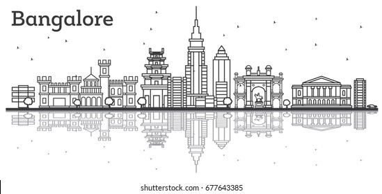 Outline Bangalore Skyline with Historic Buildings and Reflections. Vector Illustration.