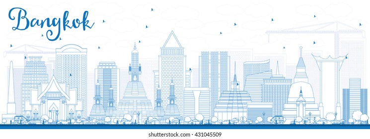 Outline Bangkok Skyline with Blue Landmarks. Vector Illustration. Business Travel and Tourism Concept with Bangkok City. Image for Presentation Banner Placard and Web Site.