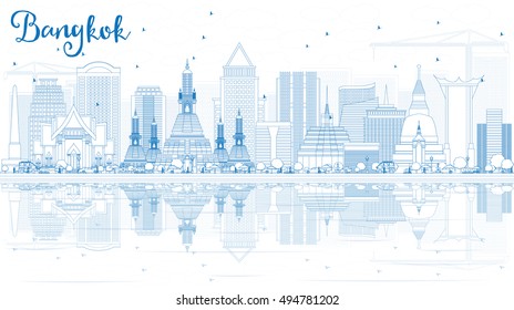 Outline Bangkok Skyline With Blue Landmarks And Reflections. Vector Illustration. Business Travel And Tourism Concept.