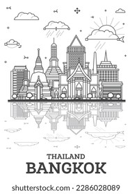 Outline Bangkok Thailand City Skyline with Historic Buildings and Reflections Isolated on White. Vector Illustration. Bangkok Cityscape with Landmarks.
