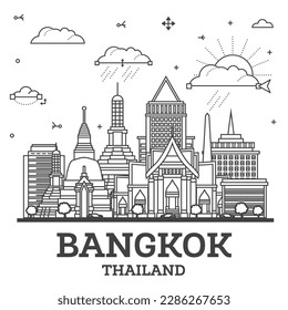 Esquema de Bangkok Skyline de la ciudad de Tailandia con edificios modernos e históricos aislados en blanco. Ilustración vectorial. El paisaje urbano de Bangkok con puntos de referencia.