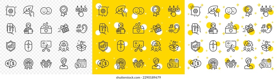 Outline Bankrupt, Dog competition and Present delivery line icons pack for web with Like, Correct checkbox, Donation line icon. Cogwheel, Help app, Organic tested pictogram icon. Vector