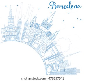 Outline Barcelona Skyline with Blue Buildings and Copy Space. Vector Illustration. Business Travel and Tourism Concept with Historic Buildings. Image for Presentation Banner Placard and Web Site.