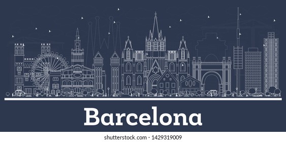 Outline Barcelona Spain City Skyline with White Buildings. Vector Illustration. Business Travel and Tourism Concept with Historic Architecture. Barcelona Cityscape with Landmarks.