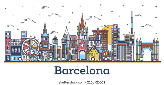 Outline Barcelona Spain City Skyline with Colored Historic Buildings Isolated on White. Vector Illustration. Barcelona Cityscape with Landmarks.