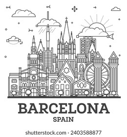 Outline Barcelona Spain City Skyline with Modern and Historic Buildings Isolated on White. Vector Illustration. Barcelona Cityscape with Landmarks.