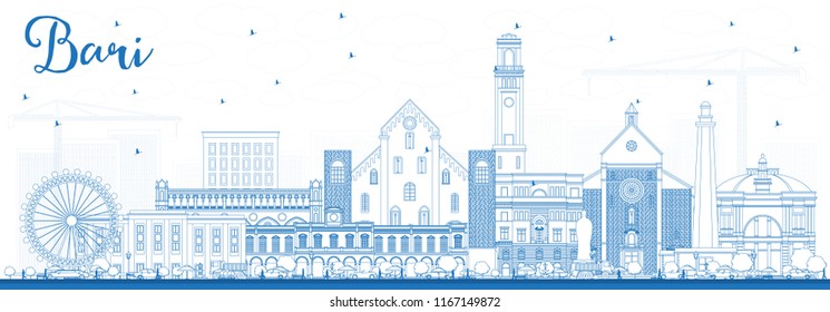 Outline Bari Italy City Skyline with Blue Buildings. Vector Illustration. Business Travel and Tourism Concept with Modern Architecture. Bari Cityscape with Landmarks.