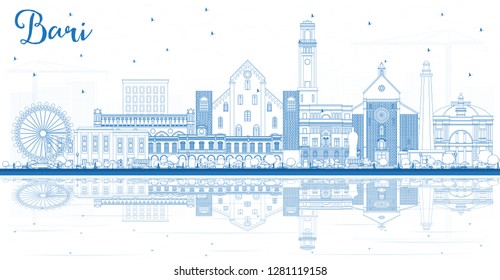 Outline Bari Italy City Skyline with Blue Buildings and Reflections. Vector Illustration. Business Travel and Tourism Concept with Modern Architecture. Bari Cityscape with Landmarks. 