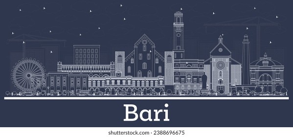 Outline Bari Italy city skyline with white buildings. Vector illustration. Business travel and tourism concept with historic architecture. Bari cityscape with landmarks.