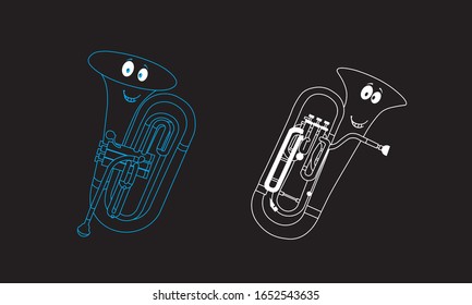 Outline baritone and euphonium ensemble isolated on black background. Musical instruments for template or art school dictionary illustration