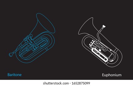 Outline baritone and euphonium on black background. Musical instruments for template or art school dictionary illustration