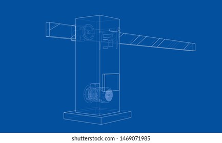 Outline Barrier gate. Vector image rendered from 3d model in sketch style or drawing. Blue background