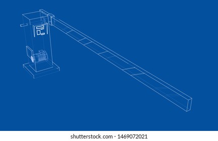 Outline Barrier gate. Vector image rendered from 3d model in sketch style or drawing. Blue background