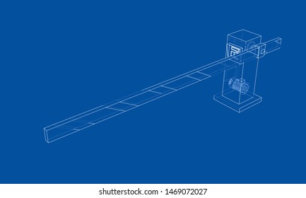 Outline Barrier gate. Vector image rendered from 3d model in sketch style or drawing. Blue background
