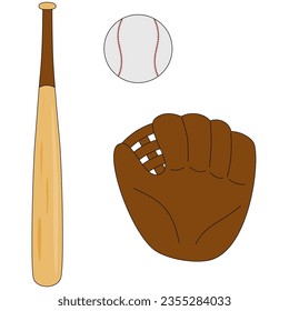 outline baseball bat, baseball ball and baseball glove for sport elements 