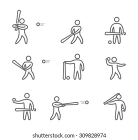Outline baseball icons set. Linear figure baseball player. Line art sport symbols