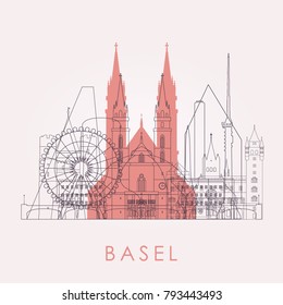 Outline Basel skyline with landmarks. Vector illustration. Business travel and tourism concept with historic buildings. Image for presentation, banner, placard and web site.