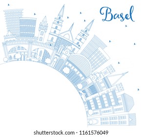 Outline Basel Switzerland City Skyline with Blue Buildings and Copy Space. Vector Illustration. Business Travel and Tourism Concept with Historic Architecture. Basel Cityscape with Landmarks.