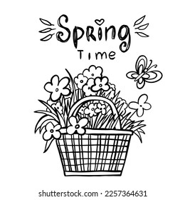 Outline basket of flowers on white background. Spring card. Doodle. Vector illustration. Perfect for coloring book, greeting card, print, invitation.