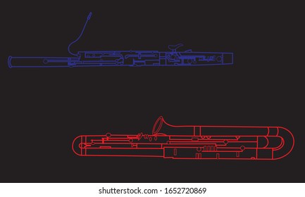 Outline bassoon and contrabassoon isolated on black background. Musical instrument for template or art school dictionary illustration