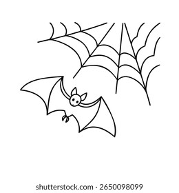 Contornar um morcego voando perto de teias de aranha em um halloween de teia de aranha