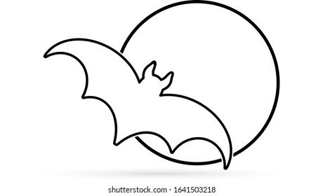 Outline bat with moon icon isolated on white. Doodle art line. Sketch halloween symbol. Linear vector stock illustration