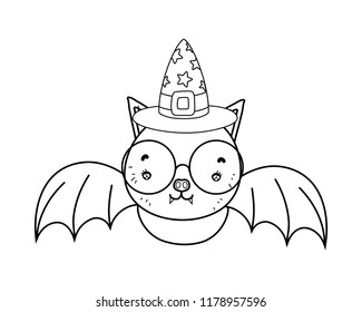 outline bat wearing glasses with witch hat