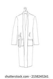 Outline of a bathrobe hanging on a hanger from black lines isolated on a white background. Front view. Vector illustration.