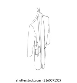 Outline of a bathrobe hanging on a hanger from black lines isolated on a white background. Isometric view. Vector illustration.