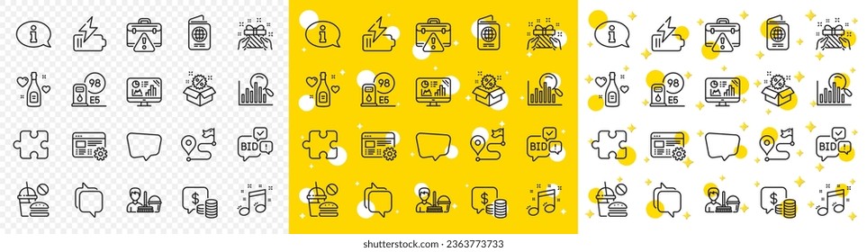 Outline Battery, Gift and Search line icons pack for web with Warning briefcase, Bid offer, Analytics graph line icon. Sale, Journey, Information pictogram icon. Coins, Chat message. Vector