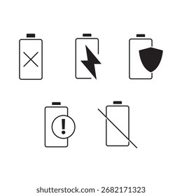 Outline battery status icon set: error, charge, shield, warning, unavailable.