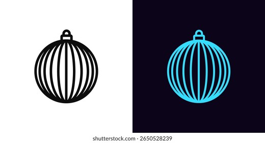 Outline bauble icon, with editable stroke. Striped ball decoration icon, hanging bauble for Christmas tree. Hanging ball toy with striped pattern, holiday decoration, festive decor. Vector icon