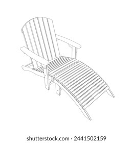 Outline of beach chair isolated on white background. Contour wood Sun lounger. Beach wooden lounger summer sunbed vector illustration isolated on white background. 3D