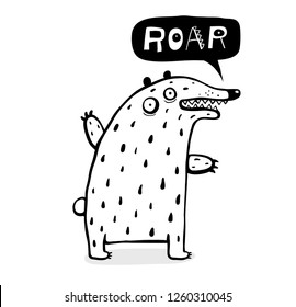 Outline Bear Design Speech Bubble. Kids cartoon wild animal talking Roar monochrome.