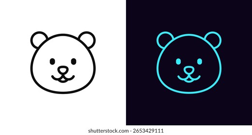 Ícone de face do urso de contorno, com traçado editável. Ícone de cabeça de urso de pelúcia, emoji de urso com sorriso. Feliz emoticon animal bonito, bebê engraçado, brinquedo de desenho animado. Ícone de vetor