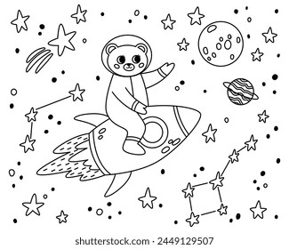 Outline bear in open space. Line cute animal astronaut in space suits, flying on a rocket. Character exploring universe galaxy with planets, stars, spaceship for children print.