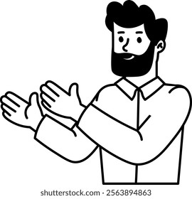 Outline of a bearded man applauding with excitement. Vector Illustration.