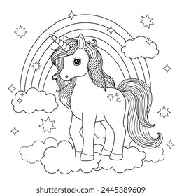 Outline of beautiful cartoon unicorn among rainbow clouds stars. Cute horse coloring book for kids, sketch, black lines on white. Simple vector illustration.