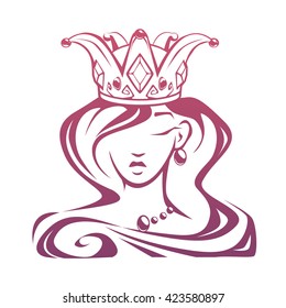 Outline beautiful queen portrait, vector princess face illustration, logo design element on white background