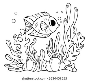 Outline Beautiful tropical fish with algae and corals on seabed and Coral Reef. Coloring Page. Line drawing. Vector illustration. Kids collection