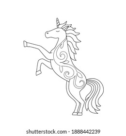 Outline of a beautiful unicorn with an ornament. Cute horse coloring book for kids, sketch, black lines on white. Vector illustration.